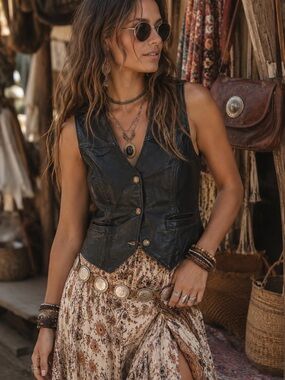 Brown black Leather V-Neck Button Front Women's Vest buffalo nickel festival